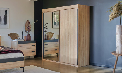 First  - Armoire 2 portes coulissantes, miroir et bois 